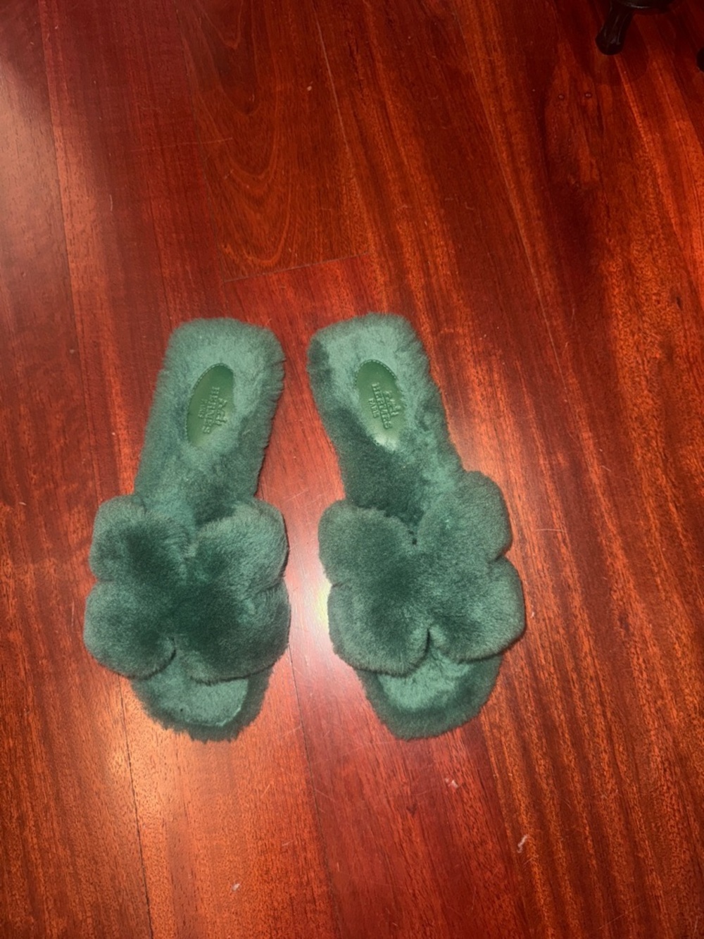 Hermes Green Fur Flower Slide Sandals